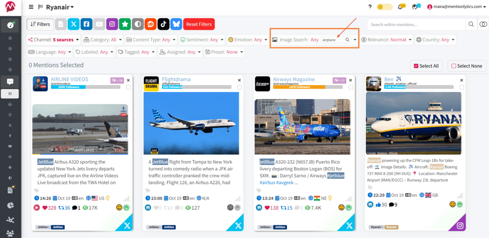 Image search example in Mentionlytics dashboard