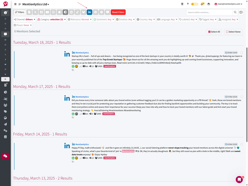 Example of LinkedIn posts collected in Mentionlytics
