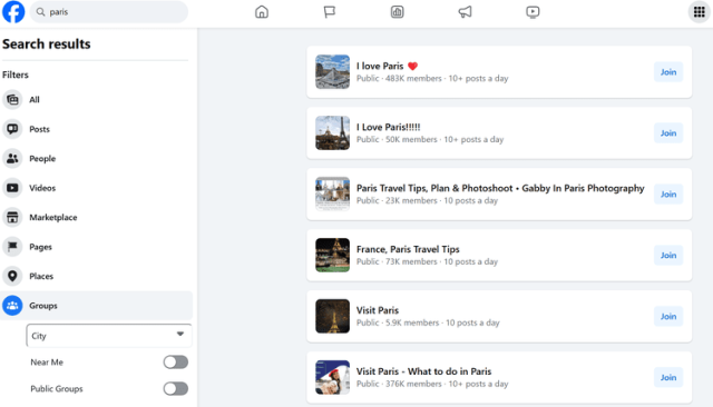 Example of local groups on Facebook about Paris