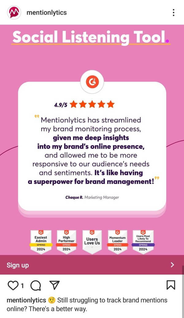 Example of a Mentionlytics ad on Instagram featuring G2 badges