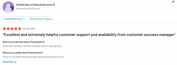 Example of Mentionlytics good reviews