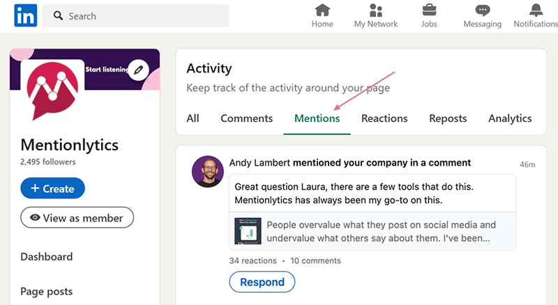 Screenshot of the Mentions tab on LinkedIn