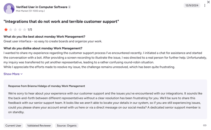 Monday's response to a negative review