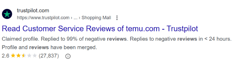 Low rating of Temu in TrustPilot