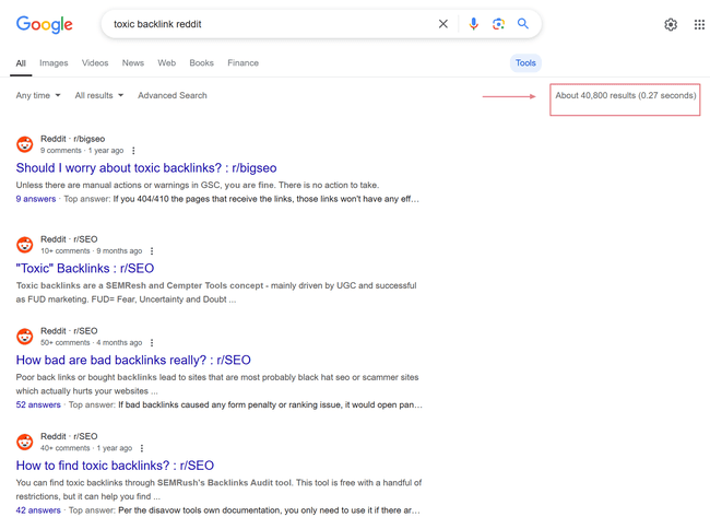 Screenshot of Google results of the toxic backlinks query on Reddit