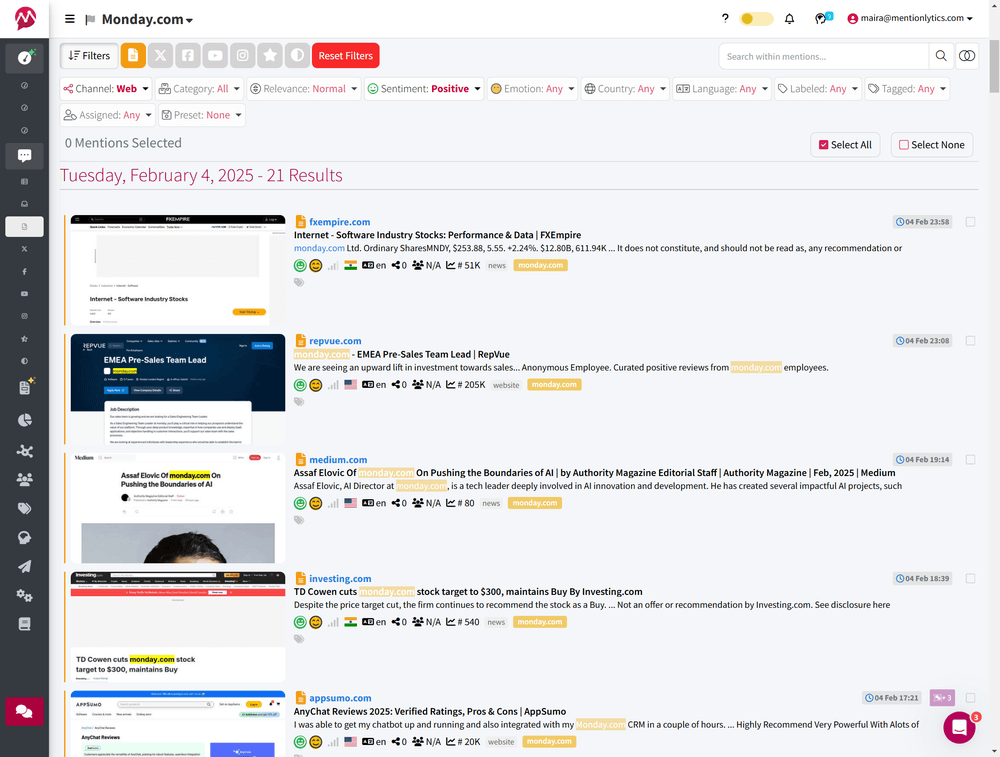 Screenshot of Mentionlytics web mentions of Mondaycom
