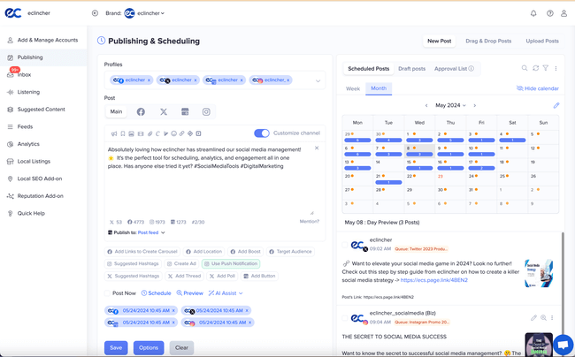 Screenshot of eClincher's social media management tool