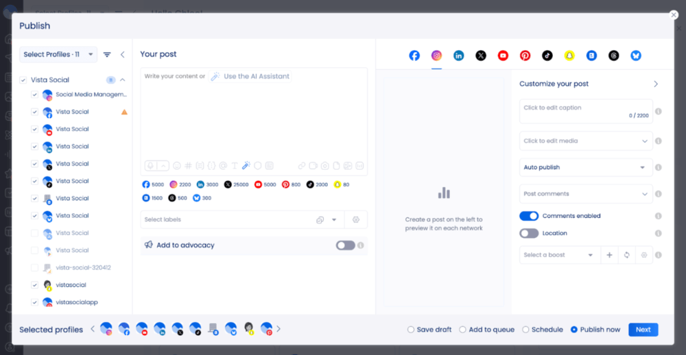 A screenshot of Vista Social's social media management platform