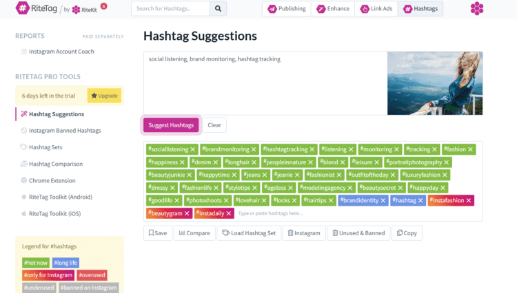 Screenshot of hashtag suggestions by RiteTag from our testing