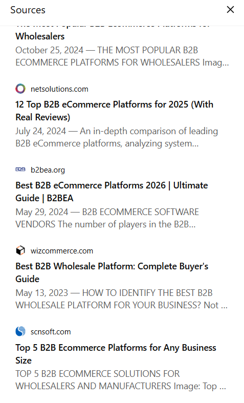 Screenshot of sources ranking on chatgpt for the top b2b portal solutions query