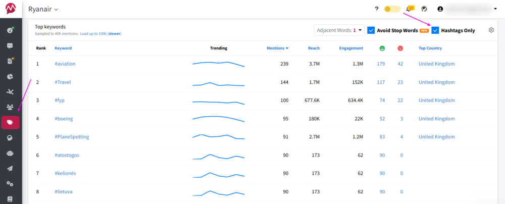 Screenshot of the Top Keywords feature in Mentionlytics