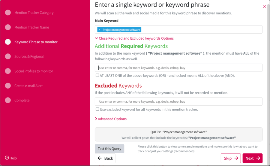 Screenshot of advanced settings in keyword setup in Mentionlytics