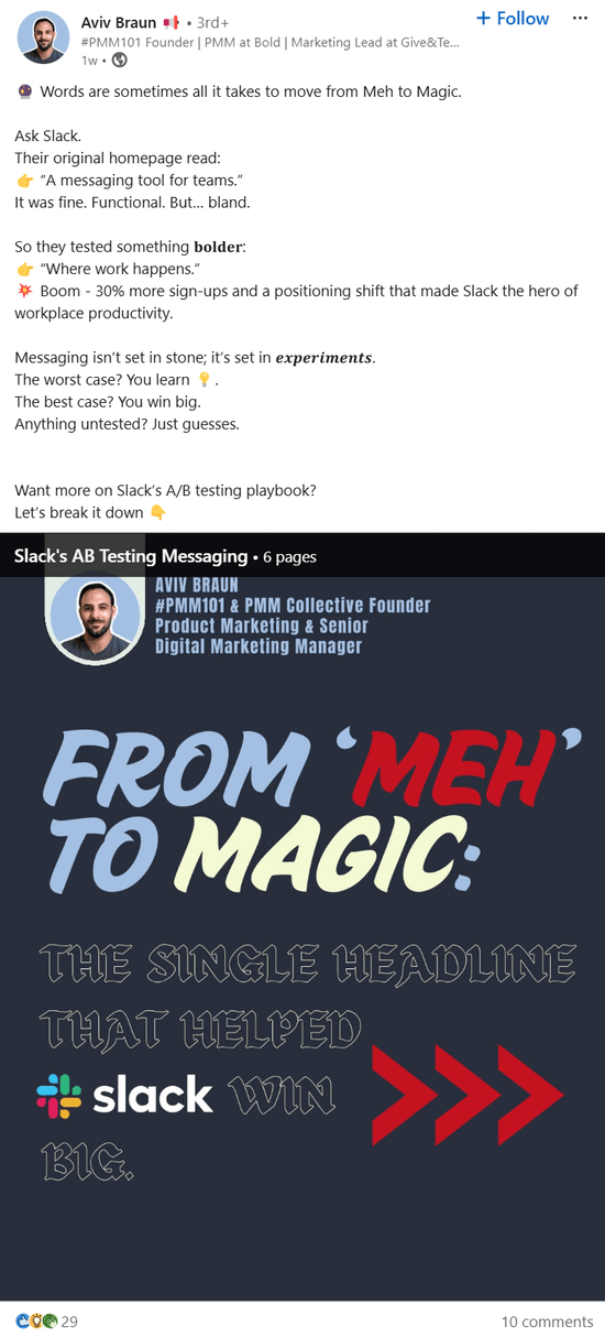 Example of unlinked brand mention of Slack on LinkedIn