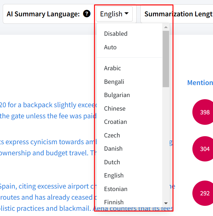 Languages filter available in Mentionlytics
