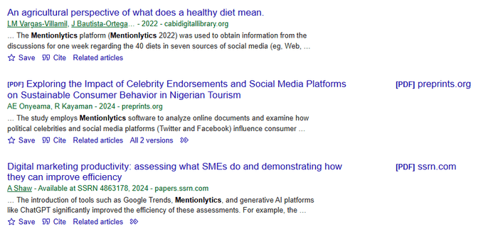 Example of Mentionlytics' unlinked mentions in research papers