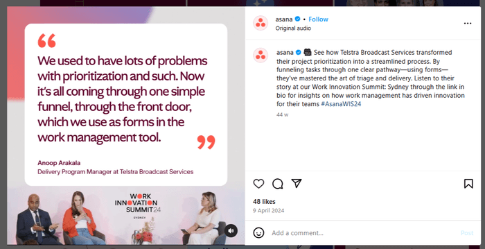 Asana shares on their Instagram profile photos and videos from webinars and events.