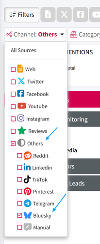 Screenshot of where to find Bluesky in Mentionlytics filters