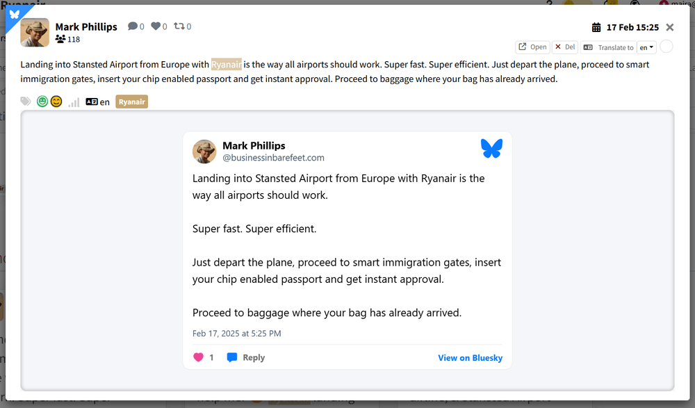 Example of a Bluesky mention of Ryanair found by Mentionlytics 