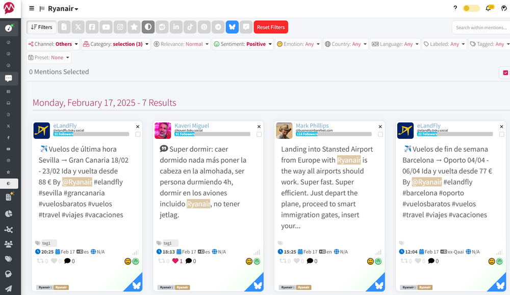 Example of Bluesky in Mentions feature in Mentionlytics 