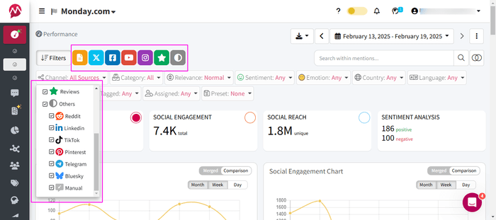 Screenshot of all channels scanned for brand mentions in Mentionlytics