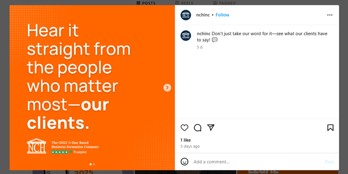 Instagram carousel NCH profile with customers reviews.
