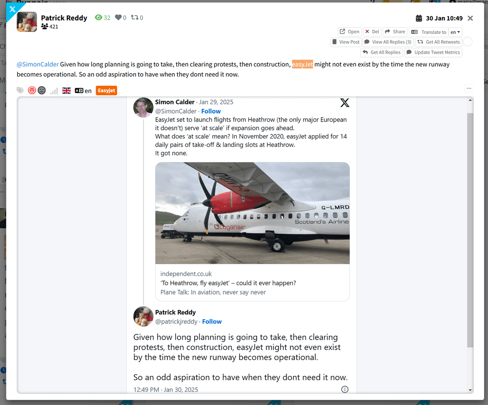 Example of a neutral tweet about EasyJet in Mentionlytics