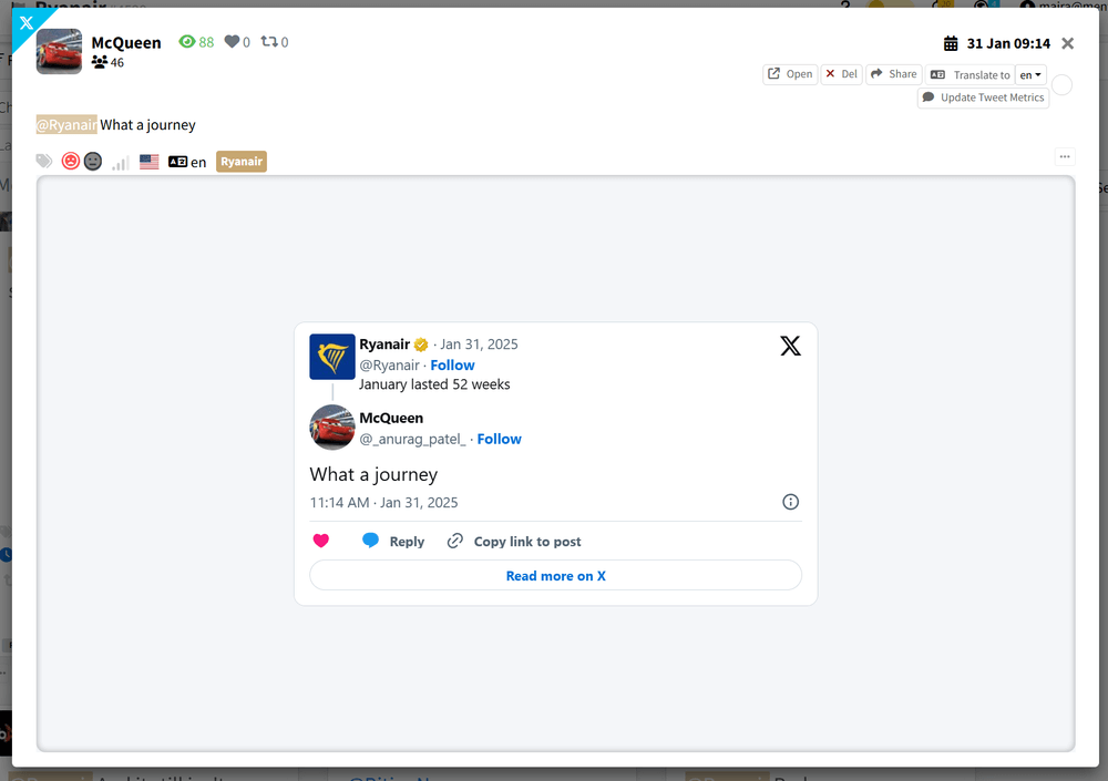 Example of a neutral tweet about Ryanair in Mentionlytics