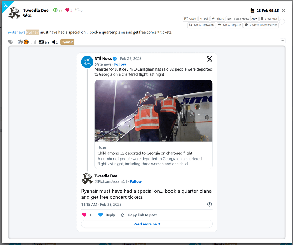 Example of a Sarcasm tweet about Ryanair in Mentionlytics