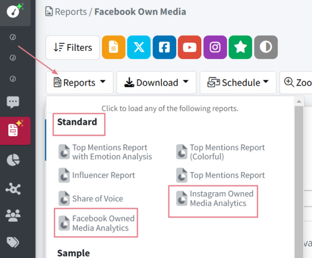 Screenshot of how to find Owned Media Analytics reports in Mentionlytics