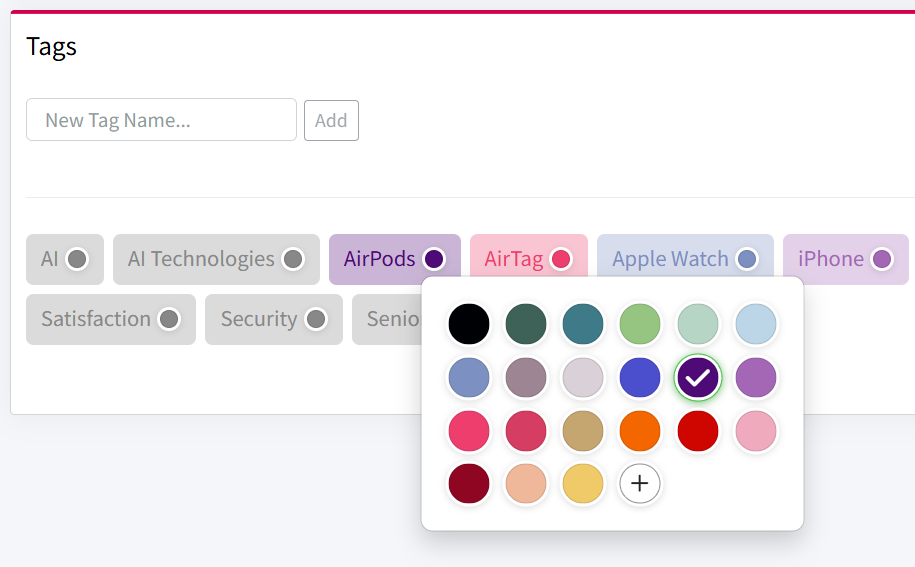 Screenshot of Tags color selection in Mentionlytics