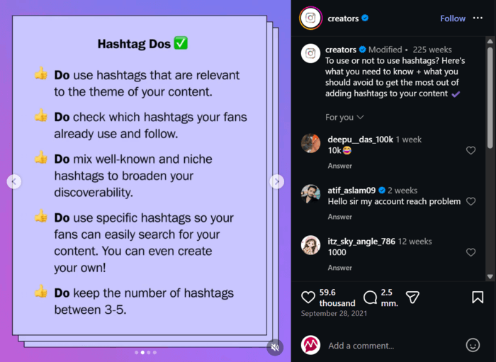 Screenshot or how to use Instagram hashtags best practices by official creators' account in 2021