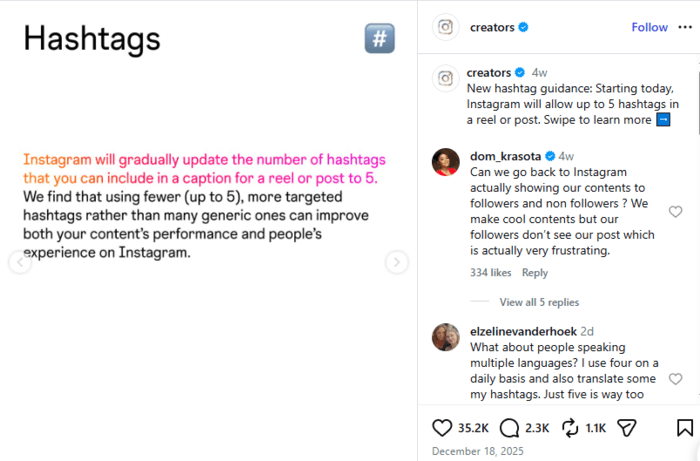 Screenshot of Instagram creators' official account announcing 5 hashtag limit to posts