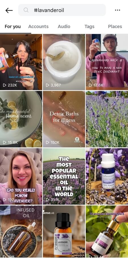 Screenshot of lavanderoil hashtag search results on Instagram