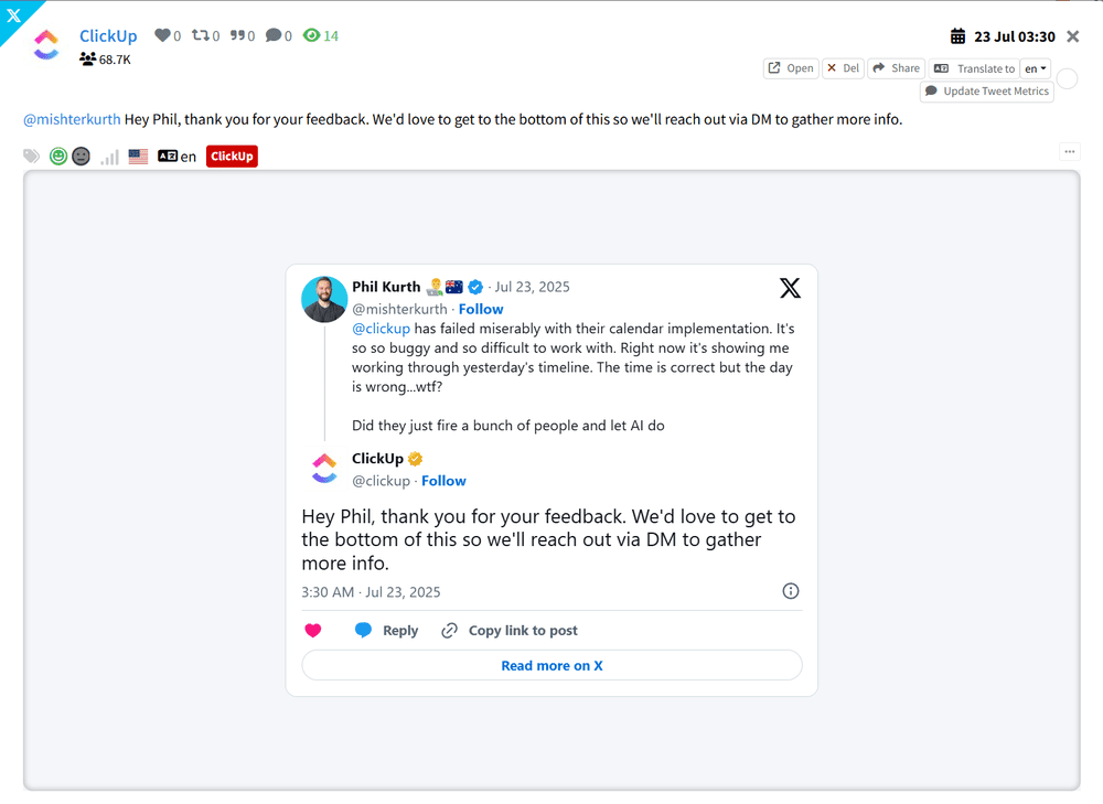 Screenshot of a Clickup negative review management example in Mentionlytics