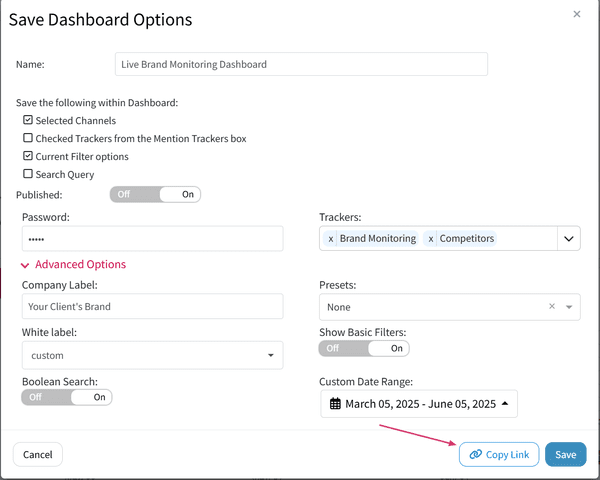 Copy link option in Mentionlytics Share Dashboard