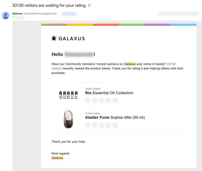 Example of a Galaxus review invite through email