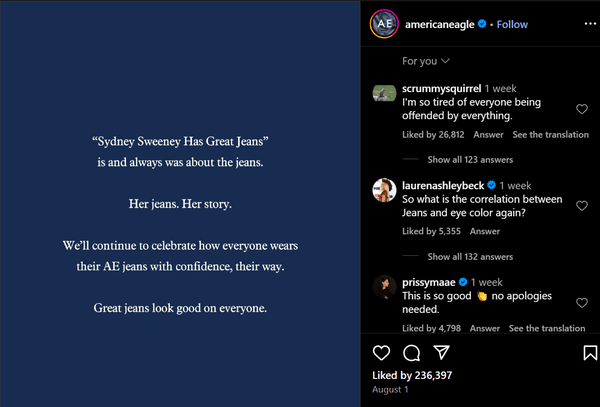 American Eagle crisis response supporting Sydney Sweeney campaign on IG