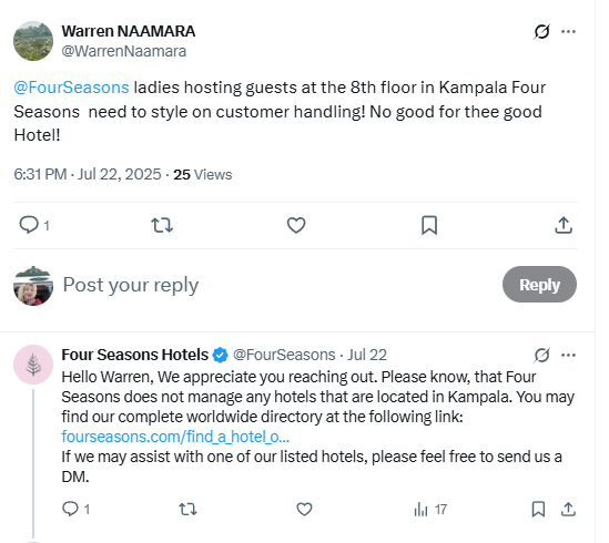 Four Seasons Hotels responding to a negative mention on X