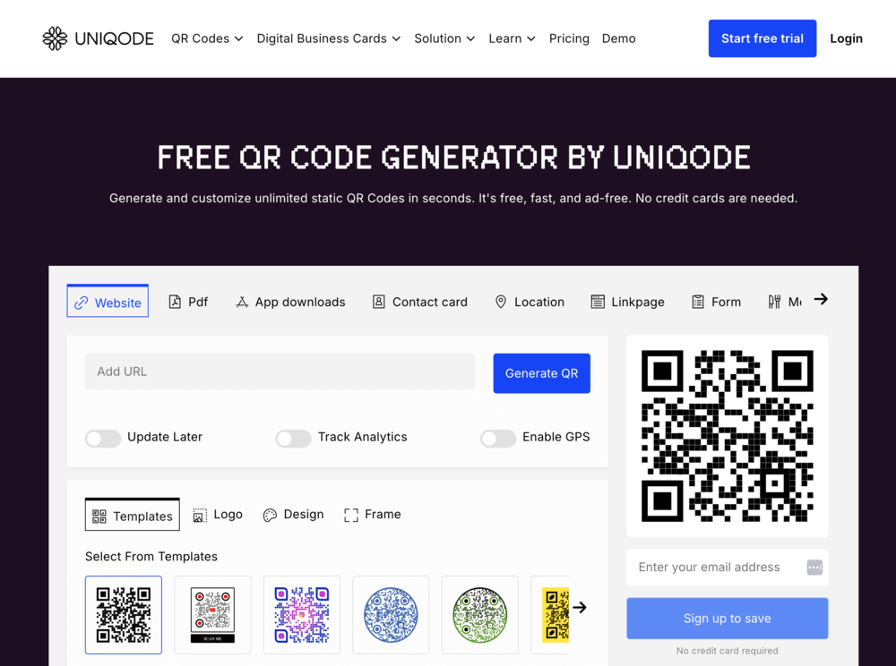 A screenshot from Uniqode's Free QR Code Generator