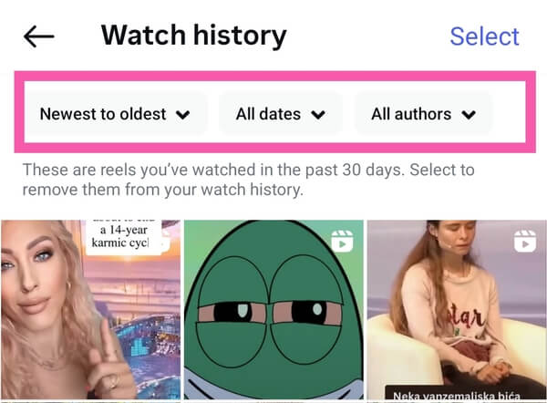 Screenshot of Instagram new watch history feature