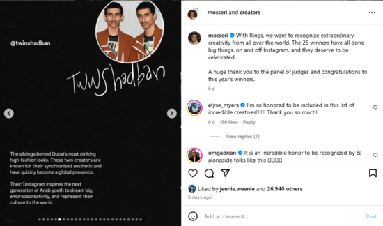 Post about new Rings award for Instagram creators