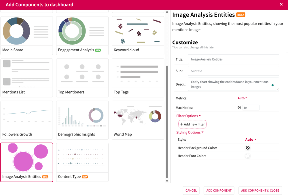 Image analysis entities component in Mentionlytics' dashboard builder