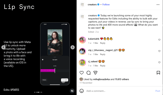 Screenshot of Edits update post about lip sync 