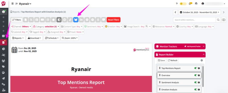 Screenshot of how to choose Bluesky reporting in Mentionlytics