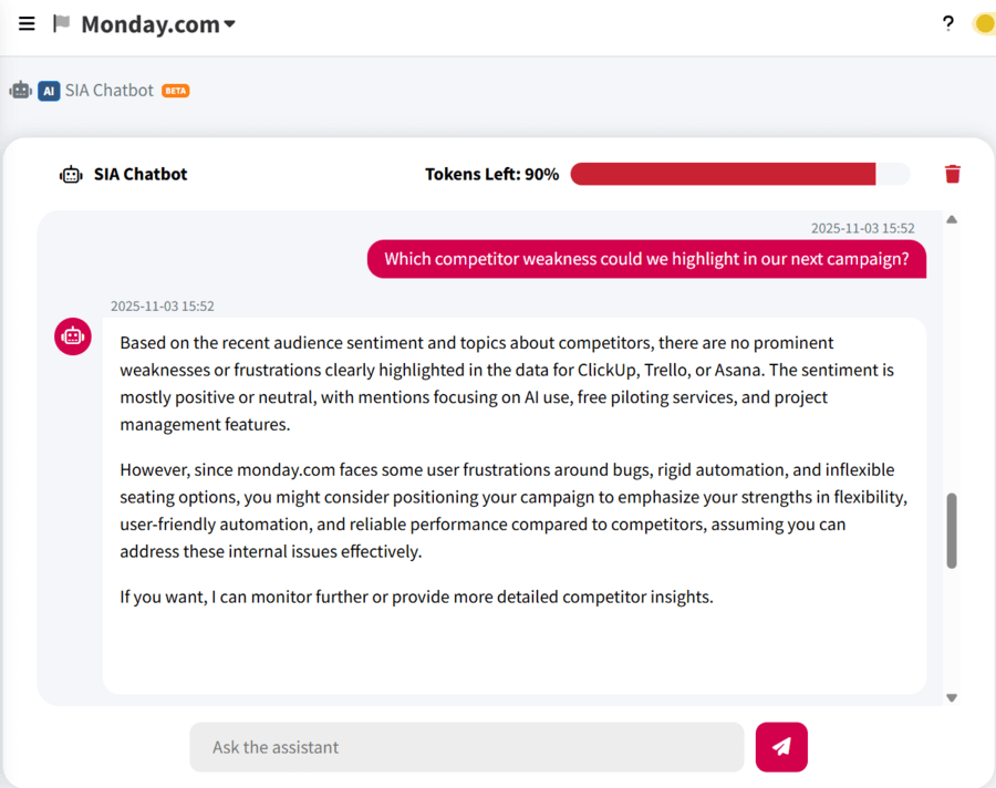 Screenshot of a Chatbot answer about competitor intelligence