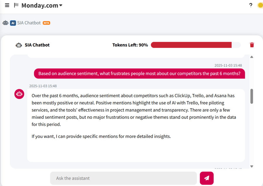 Screenshot of a Chatbot answer about negative feedback
