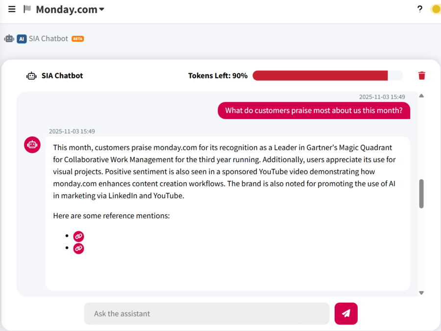 Screenshot of a Chatbot answer about positive feedback