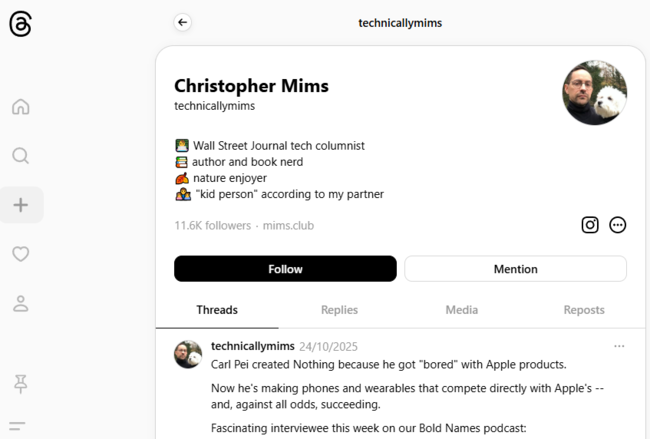 Screenshot of Christopher Mims' profile on Threads