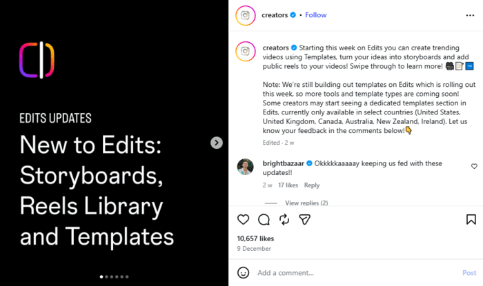 Screenshot of a post by Instagram Creators account about December updates on the Edits app