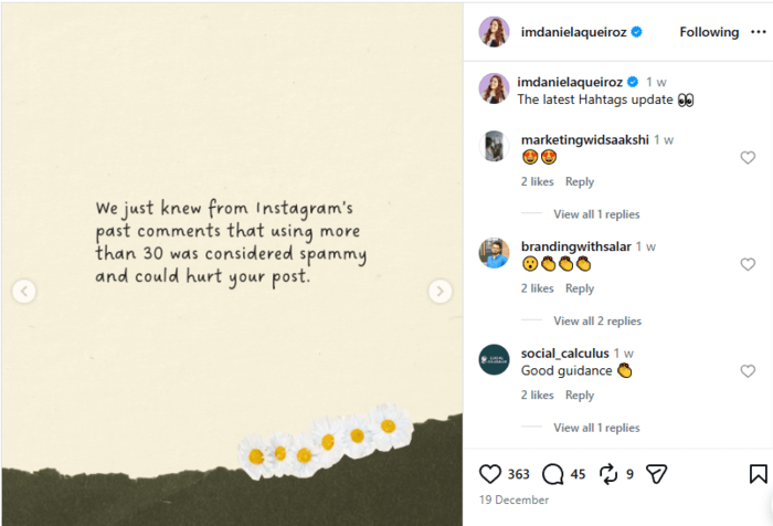 Screenshot of an Instagram post about hashtags reduced on captions on IG